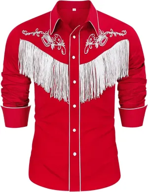 CORSKI Men's Cowboy Costume Western Long Sleeve Casual Fringe Hippie Slim Fit Button Down Shirt