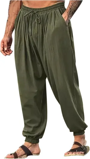 Cotton Linen Pant for Men Casual Elastic Waist Lightweight Loose Harem Trousers Solid Color Loose Beach Hippie Pants