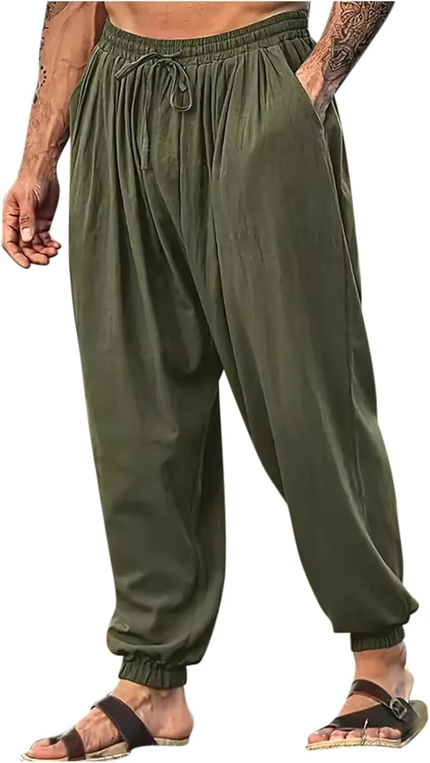 Cotton Linen Pant for Men Casual Elastic Waist Lightweight Loose Harem Trousers Solid Color Loose Beach Hippie Pants