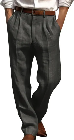 Cotton Linen Pants for Men Pleated Front Trouser Straight Leg Suit Trousers Solid Color Office Trouser Linen Pant