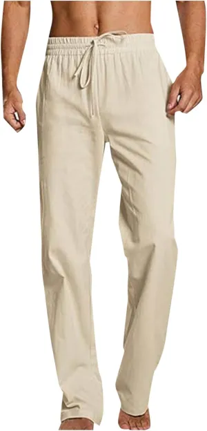 Cotton Linen Pants for Men Stretch Elastic Waist Casual Summer Beach Pants Resort Straight Leg Lounge Yoga Trousers