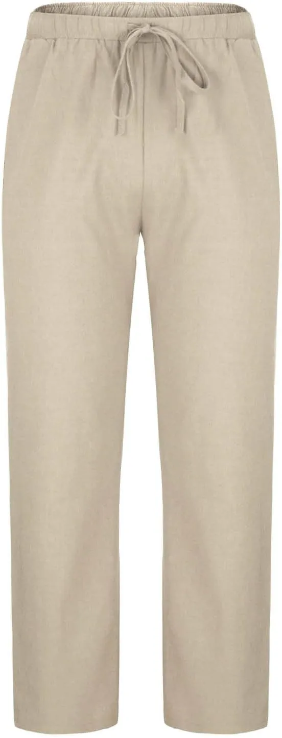 Cotton Linen Pants for Men Stretch Elastic Waist Casual Summer Beach Pants Resort Straight Leg Lounge Yoga Trousers