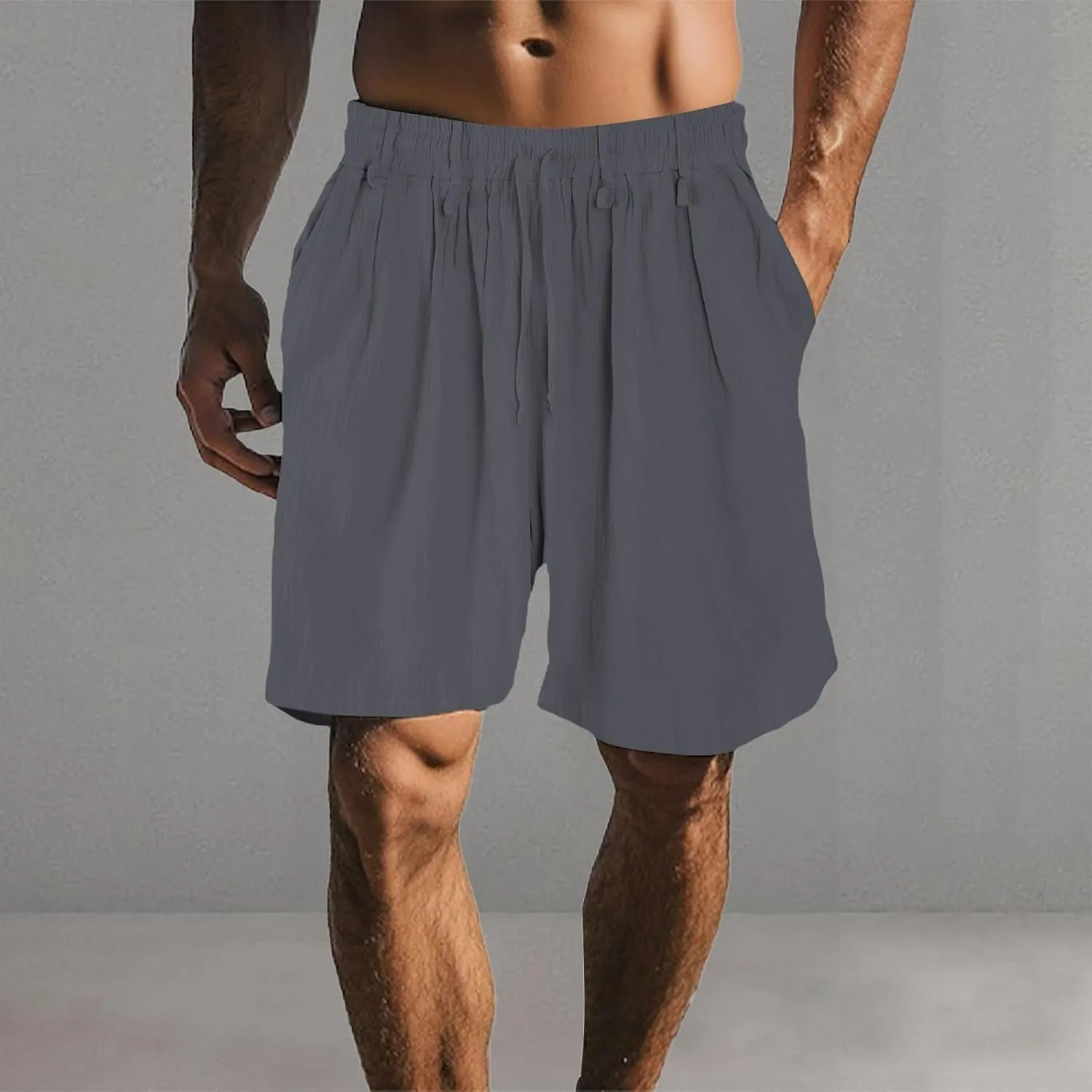 Cotton Linen Shorts for Men Waist Drawstring Pleated Thin Lightweight Loose Fit Cool Summer Pants Lounge Beach Shorts