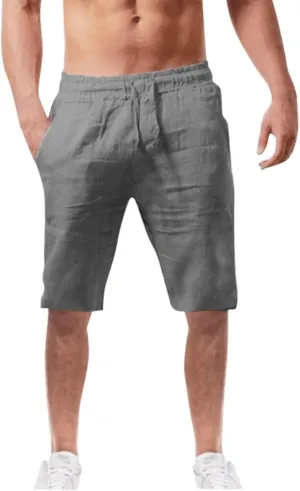 Cotton Linen Shorts for Mens Casual Drawstring Relaxed Fit Cool Lightweight Summer Pants Outing Athletic SweatShorts