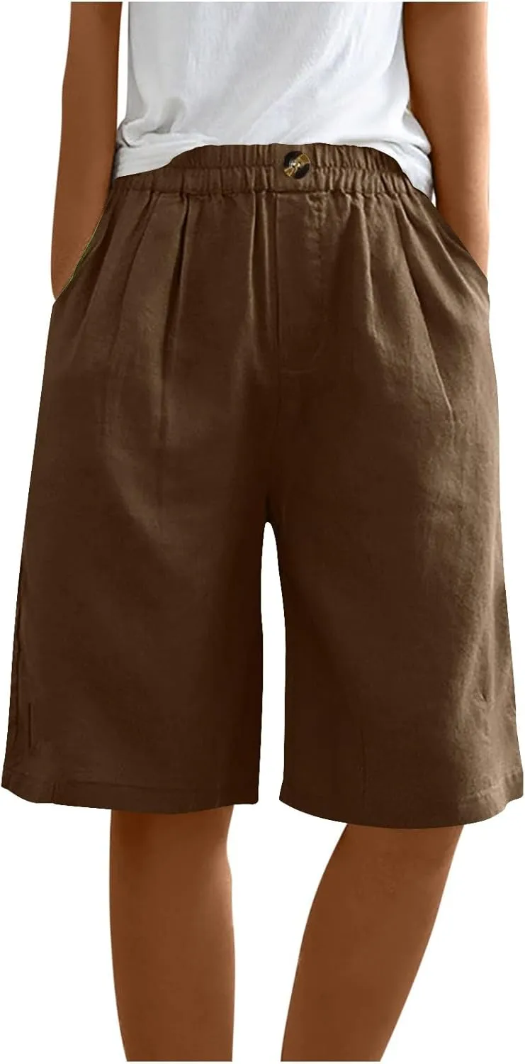 Cotton Linen Shorts for Women Loose Fit Knee Length Bermuda Shorts Casual Wide Leg Elastic Waist Workout Shorts