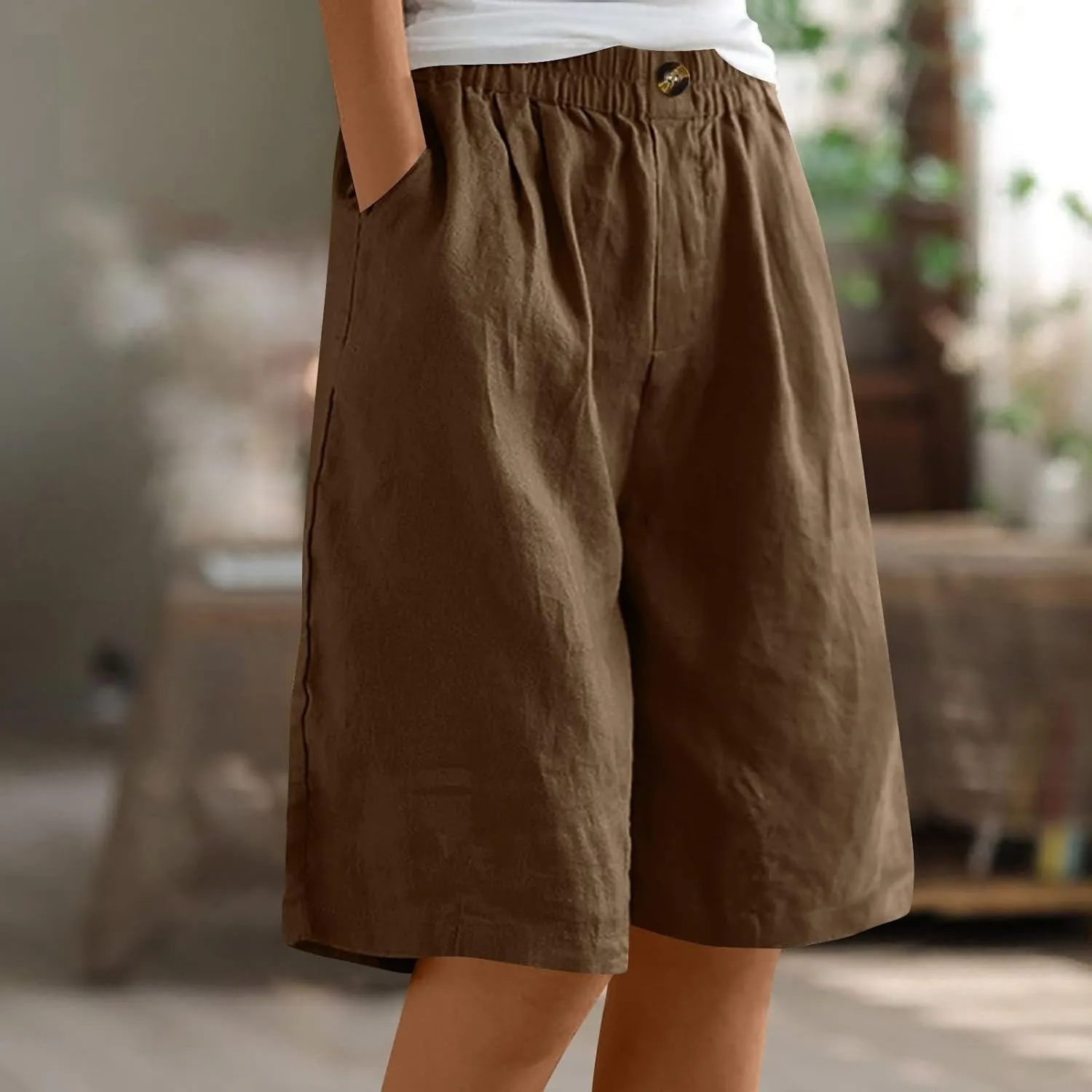 Cotton Linen Shorts for Women Loose Fit Knee Length Bermuda Shorts Casual Wide Leg Elastic Waist Workout Shorts