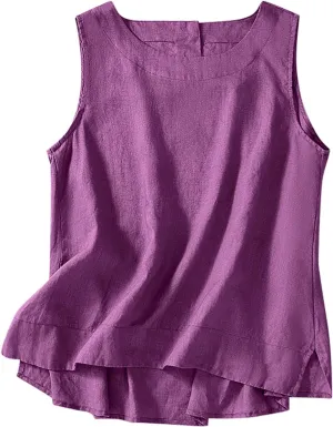 Cotton Linen Tank Tops Women Sleeveless Crew Neck Tee Side Split Elegant Solid Lightweight Comfy Blouses Summer Vest