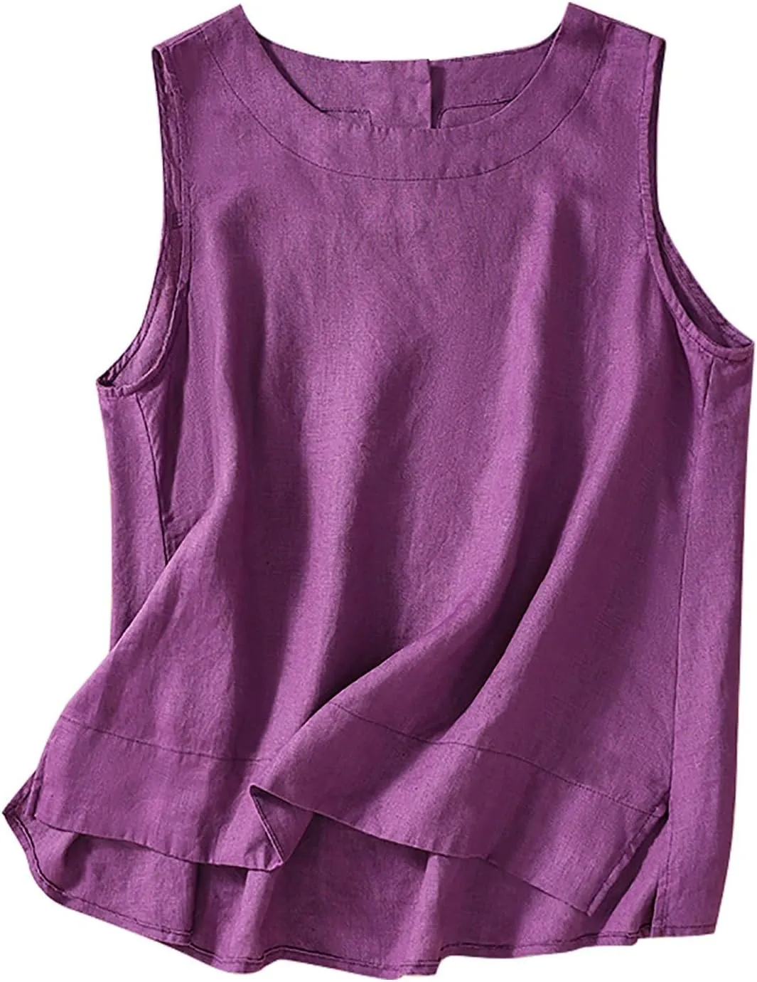 Cotton Linen Tank Tops Women Sleeveless Crew Neck Tee Side Split Elegant Solid Lightweight Comfy Blouses Summer Vest