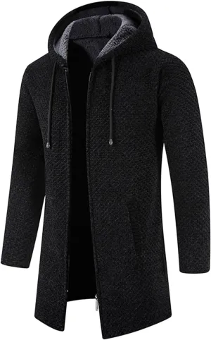CRNTCEM Mens Long Cardigan Hoodies Winter Fleece Lined Warm Knitted Sweater Coats Full Zipper Open Front Drape Cape Overcoat