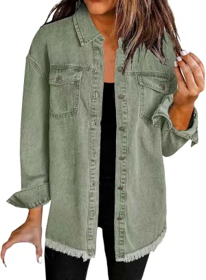 Denim Jacket for Women Oversized Button Up Jean Jacket Long Sleeve Frayed Hem Shacket Western Boyfriend Coats