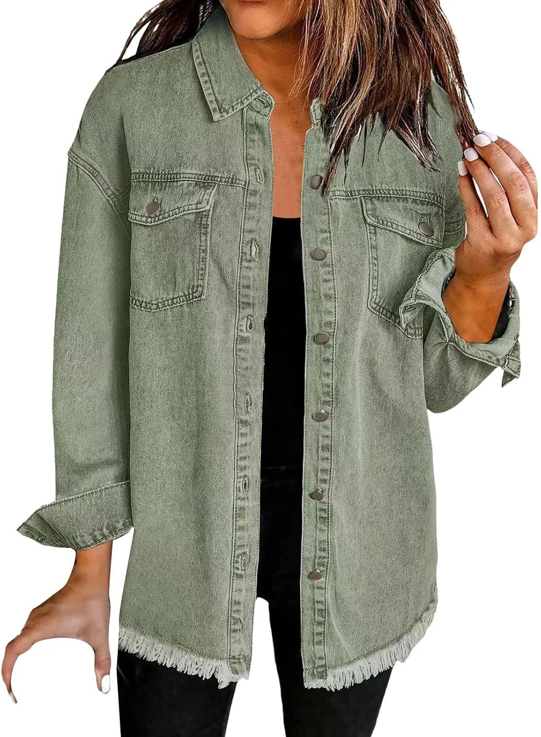 Denim Jacket for Women Oversized Button Up Jean Jacket Long Sleeve Frayed Hem Shacket Western Boyfriend Coats