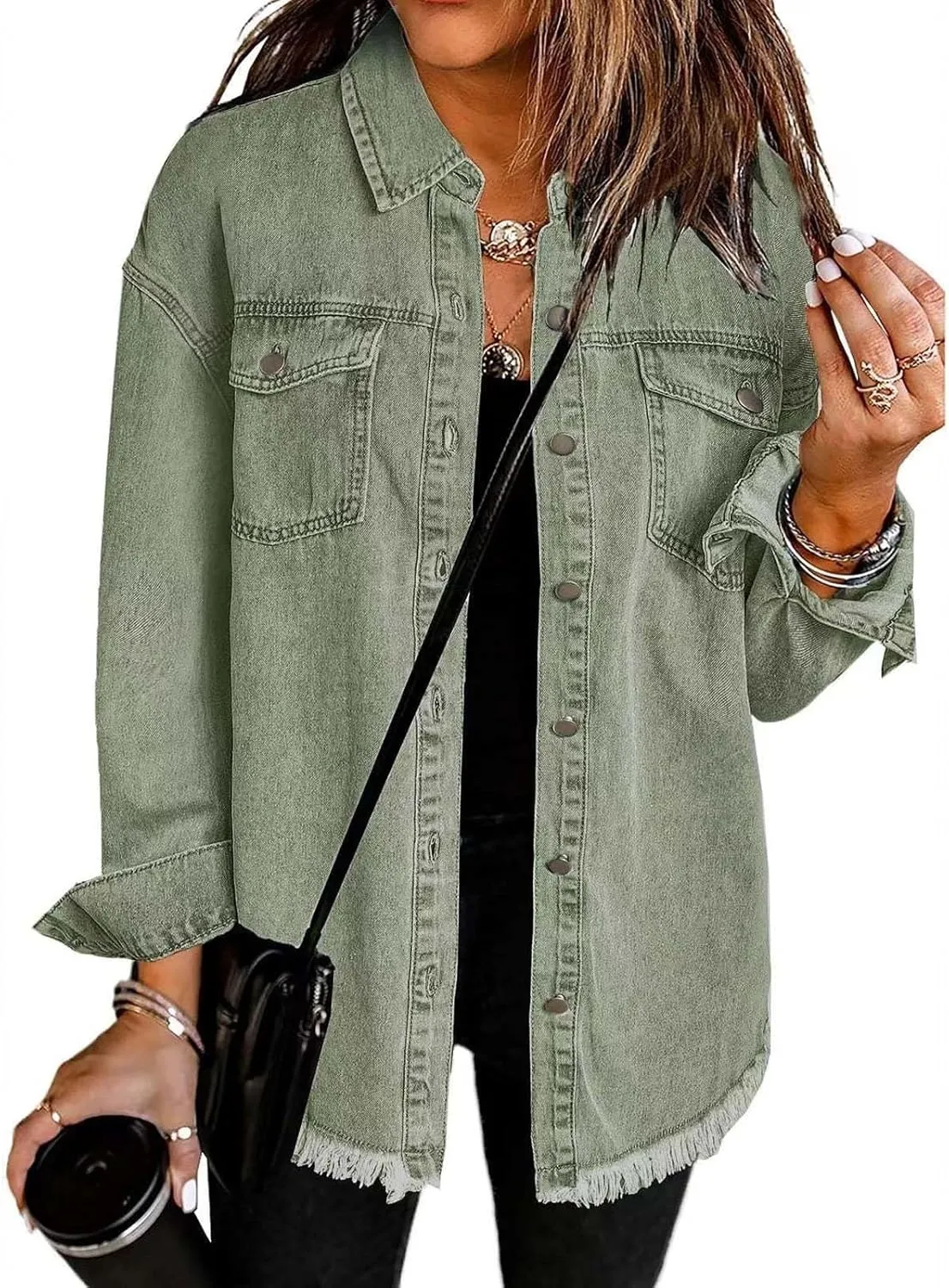 Denim Jacket for Women Oversized Button Up Jean Jacket Long Sleeve Frayed Hem Shacket Western Boyfriend Coats