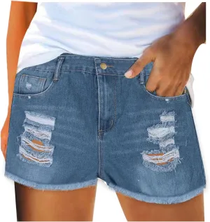 Denim Shorts for Teen Girls Cute High Waist Stretch Vintage Short Jeans Solid Raw Hem Slim Shorts