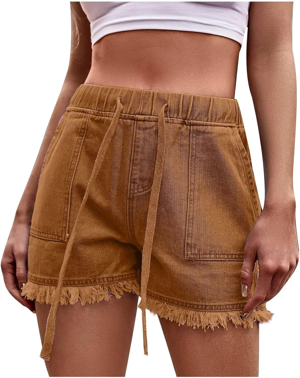 Denim Shorts for Women High Waisted Stretchy Drawstring Jean Shorts Frayed Raw Summer Casual Shorts with Pockets