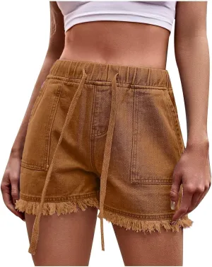 Denim Shorts for Women High Waisted Stretchy Drawstring Jean Shorts Frayed Raw Summer Casual Shorts with Pockets