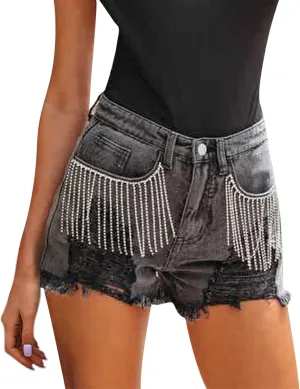 Denim Shorts Women Womens Mid-High Waisted Ripped Pocket Denim Jeans Shorts Cutoff Stretchy Summer Hot Short Pants