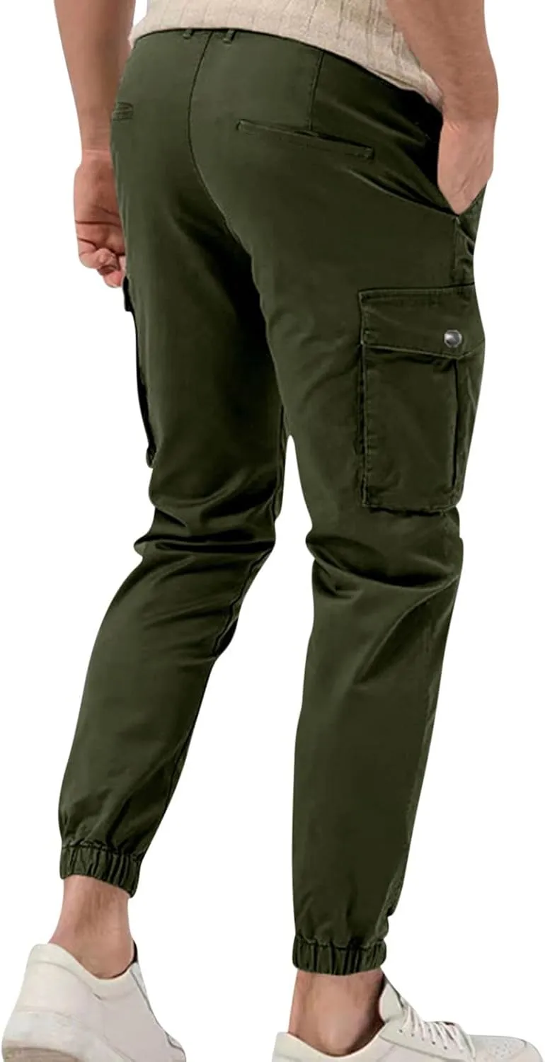 Dgoopd Straight Leg Cargo Pants Men Drawstring Elastic Waist Casual Cargo Pant Mens Cargo Work Pants with Multi Pocket