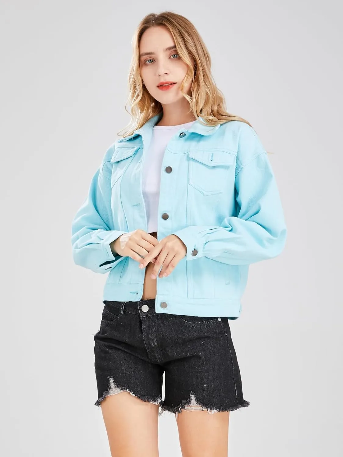 ebossy Women's Candy Color Denim Jacket Relaxed Fit Casual Jean Trucker Jacket