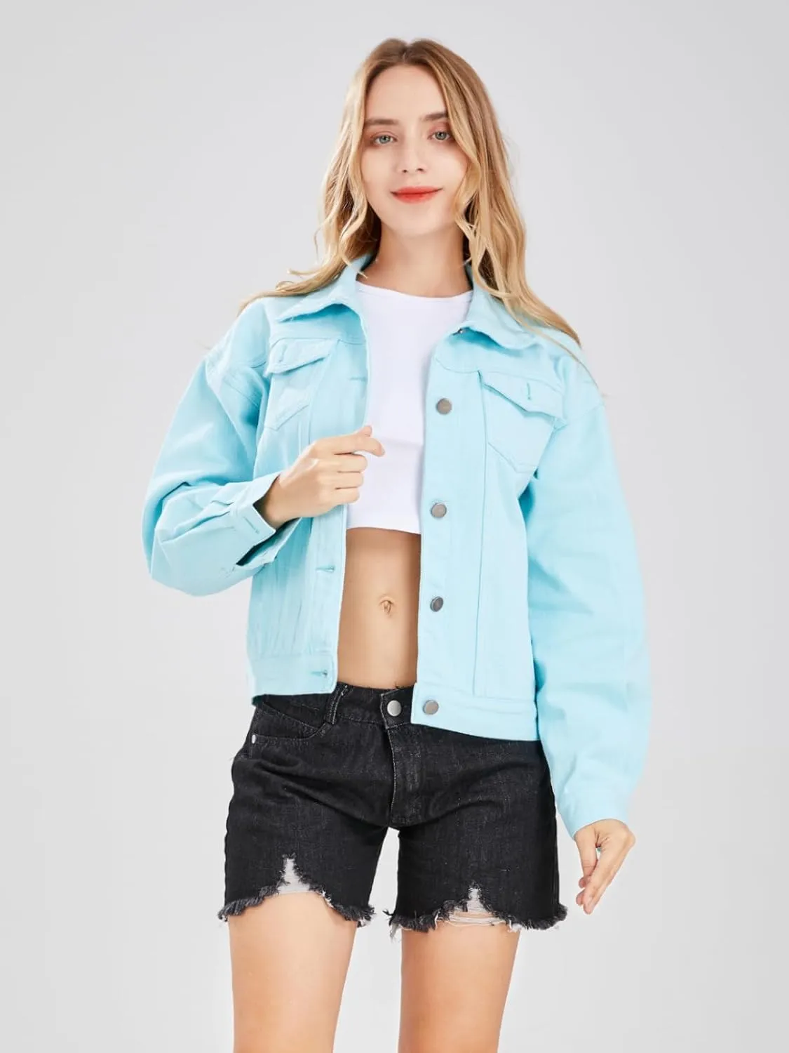 ebossy Women's Candy Color Denim Jacket Relaxed Fit Casual Jean Trucker Jacket