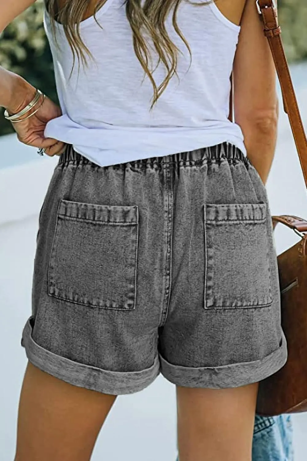 FANGJIN Womens Denim Shorts Elastic Waist Casual Summer Jean Short
