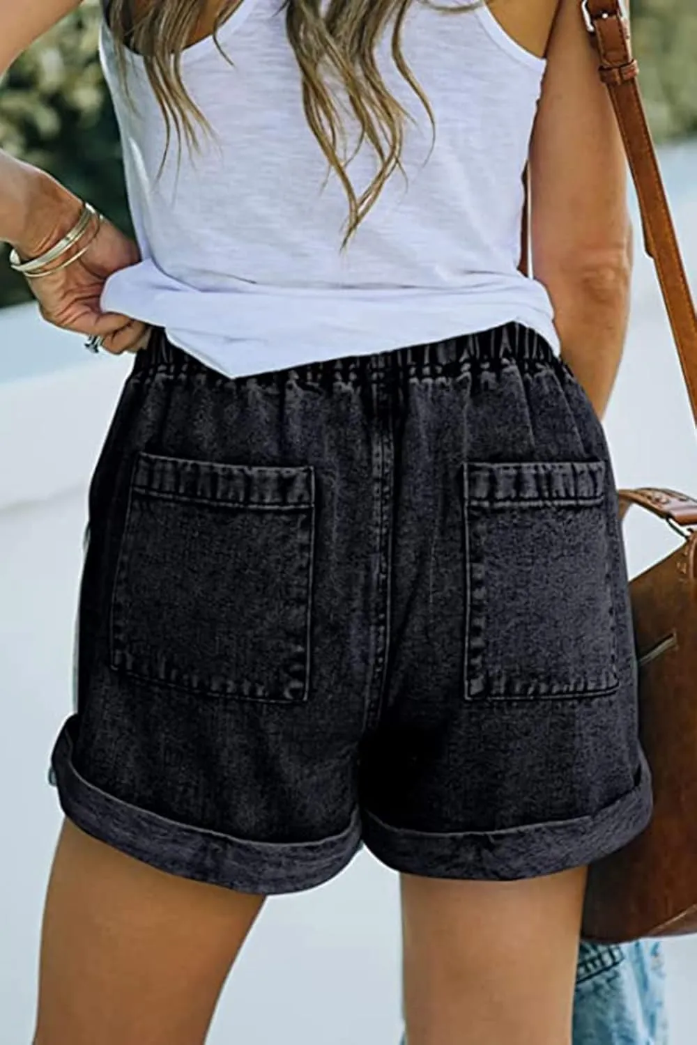 FANGJIN Womens Denim Shorts Elastic Waist Casual Summer Jean Short