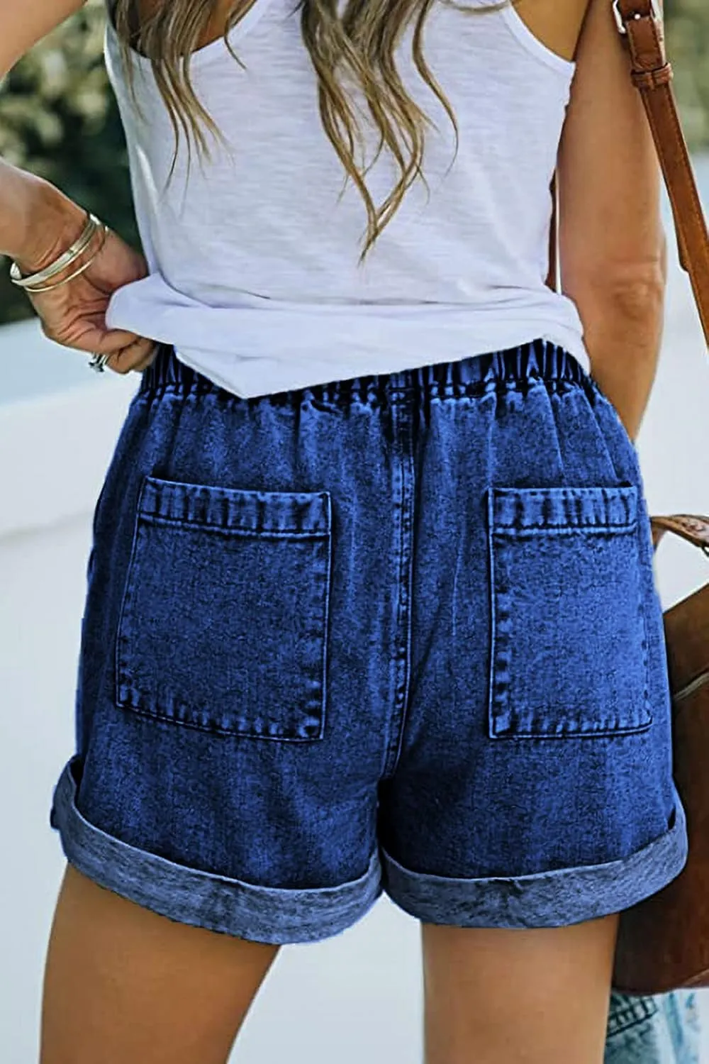FANGJIN Womens Denim Shorts Elastic Waist Casual Summer Jean Short