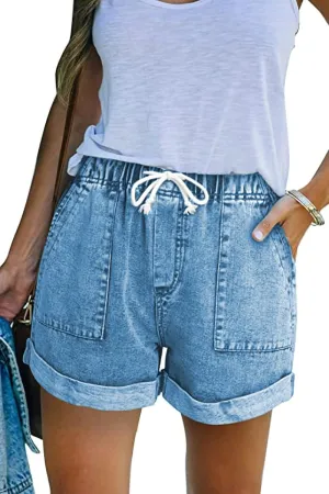 FANGJIN Womens Denim Shorts Elastic Waist Casual Summer Jean Short