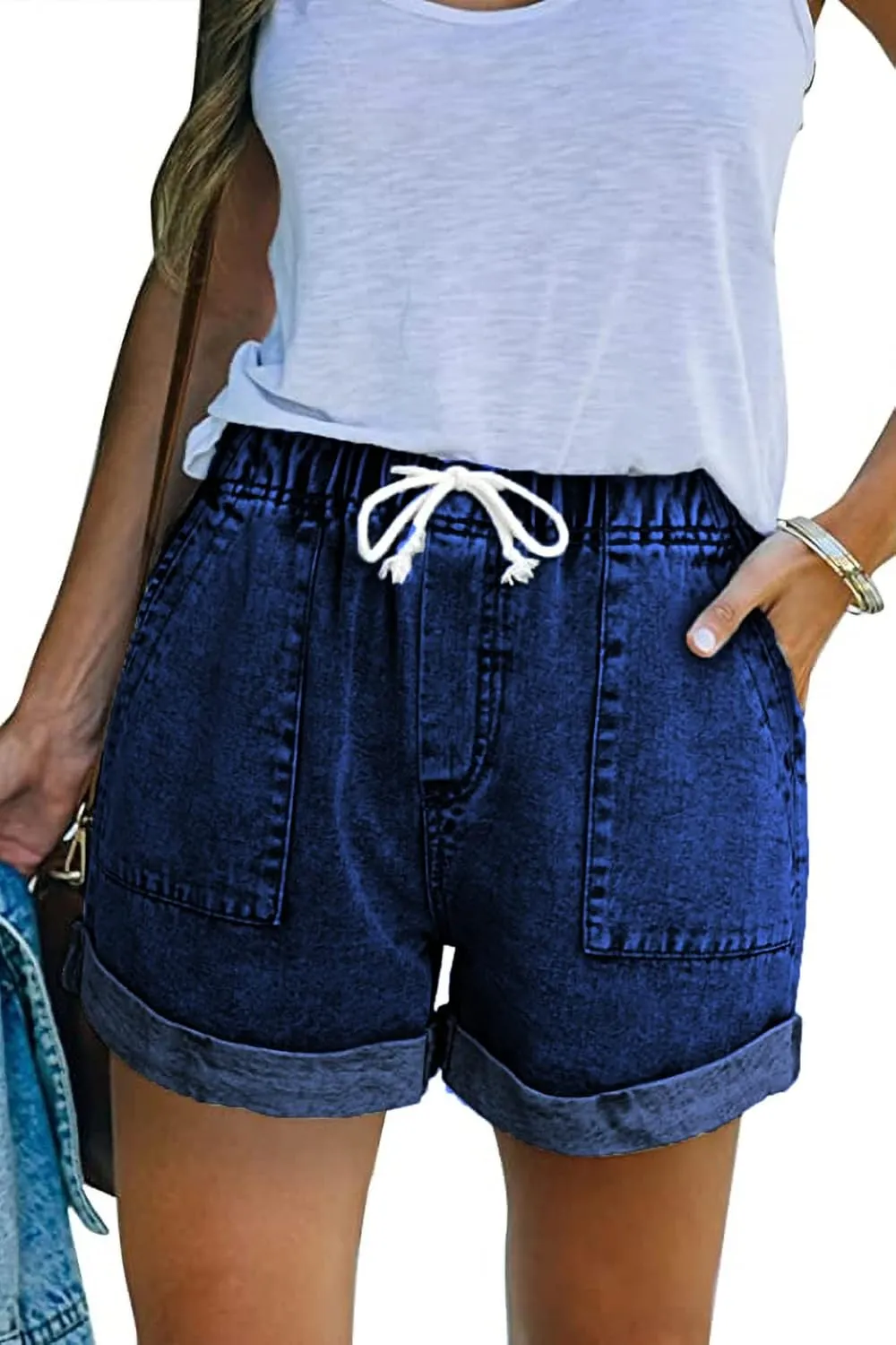 FANGJIN Womens Denim Shorts Elastic Waist Casual Summer Jean Short