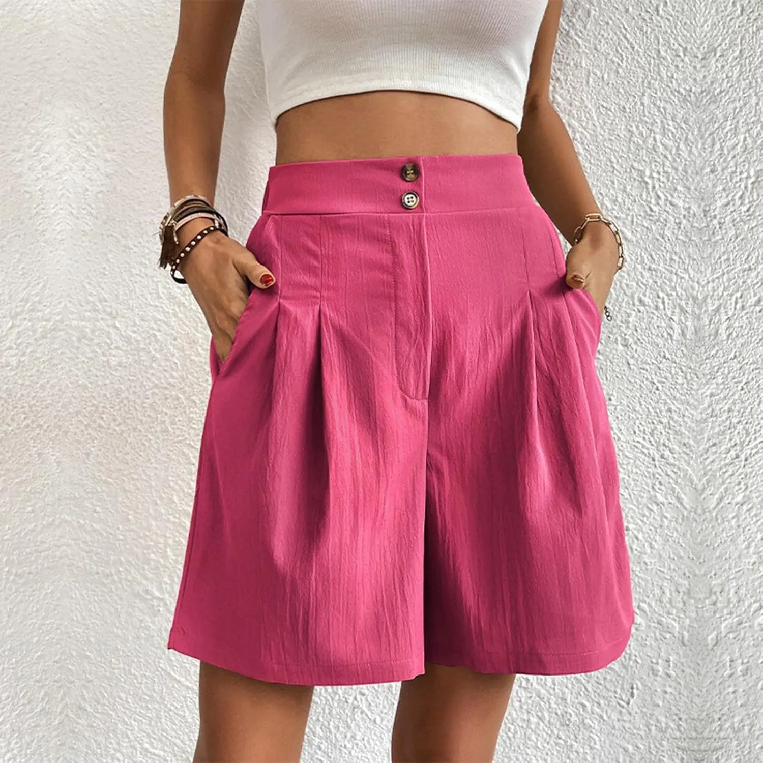 fanmpghleoo Linen Shorts for Women Dressy Casual Pleated Mid Thigh High Waisted Shorts Business Wide Leg Linen Dress Pants