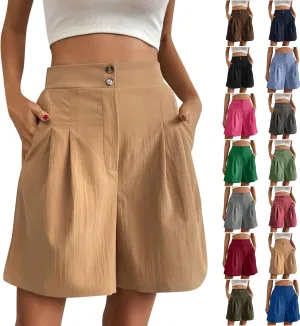 fanmpghleoo Linen Shorts for Women Dressy Casual Pleated Mid Thigh High Waisted Shorts Business Wide Leg Linen Dress Pants
