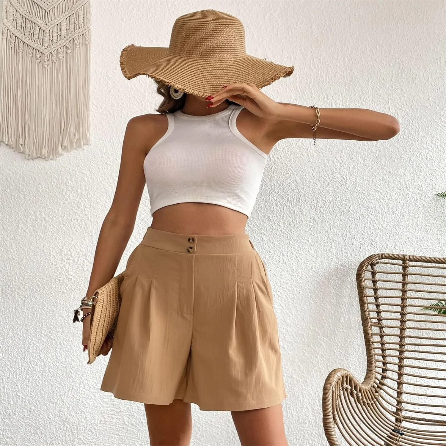 fanmpghleoo Linen Shorts for Women Dressy Casual Pleated Mid Thigh High Waisted Shorts Business Wide Leg Linen Dress Pants
