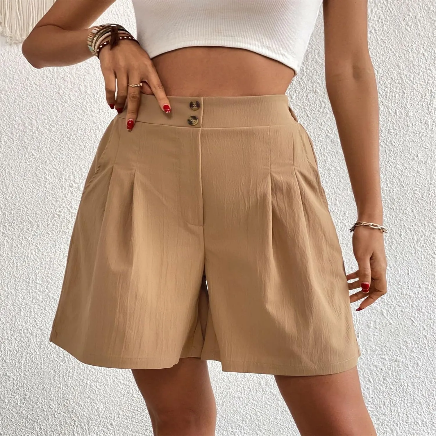 fanmpghleoo Linen Shorts for Women Dressy Casual Pleated Mid Thigh High Waisted Shorts Business Wide Leg Linen Dress Pants