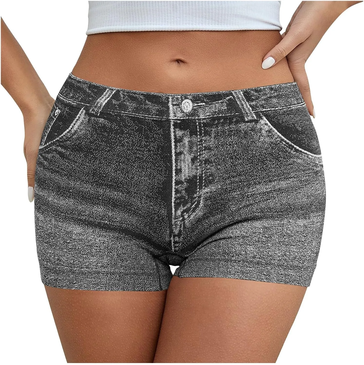 Faux Jeans Shorts for Women Summer Mid Rise Stretchy Denim Shorts Butt Lifting Slimming Ripped Shorts for Curvy Women