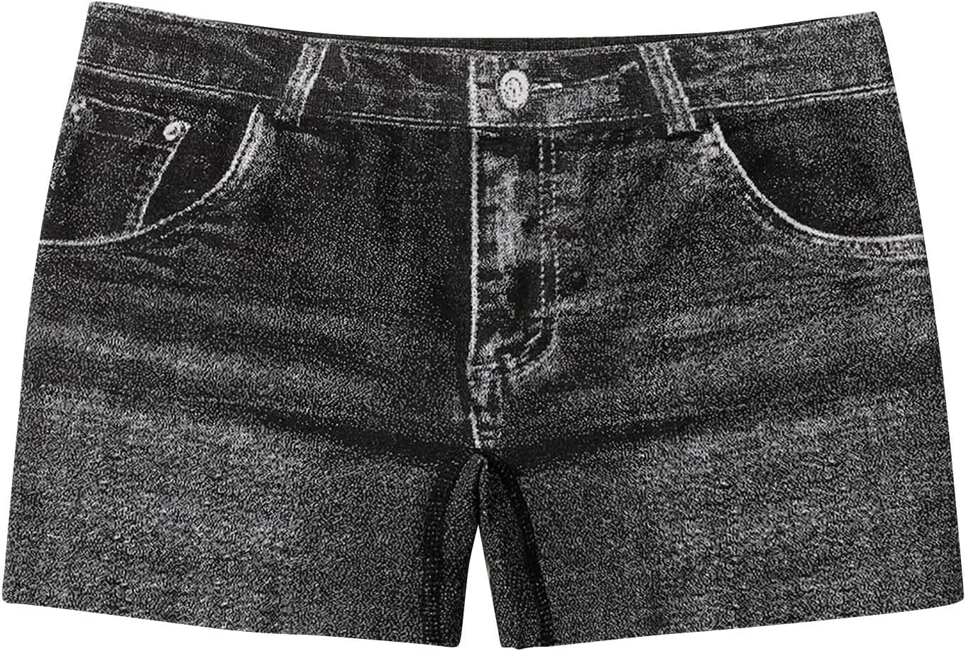Faux Jeans Shorts for Women Summer Mid Rise Stretchy Denim Shorts Butt Lifting Slimming Ripped Shorts for Curvy Women