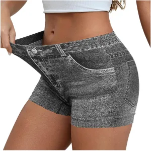 Faux Jeans Shorts for Women Summer Mid Rise Stretchy Denim Shorts Butt Lifting Slimming Ripped Shorts for Curvy Women