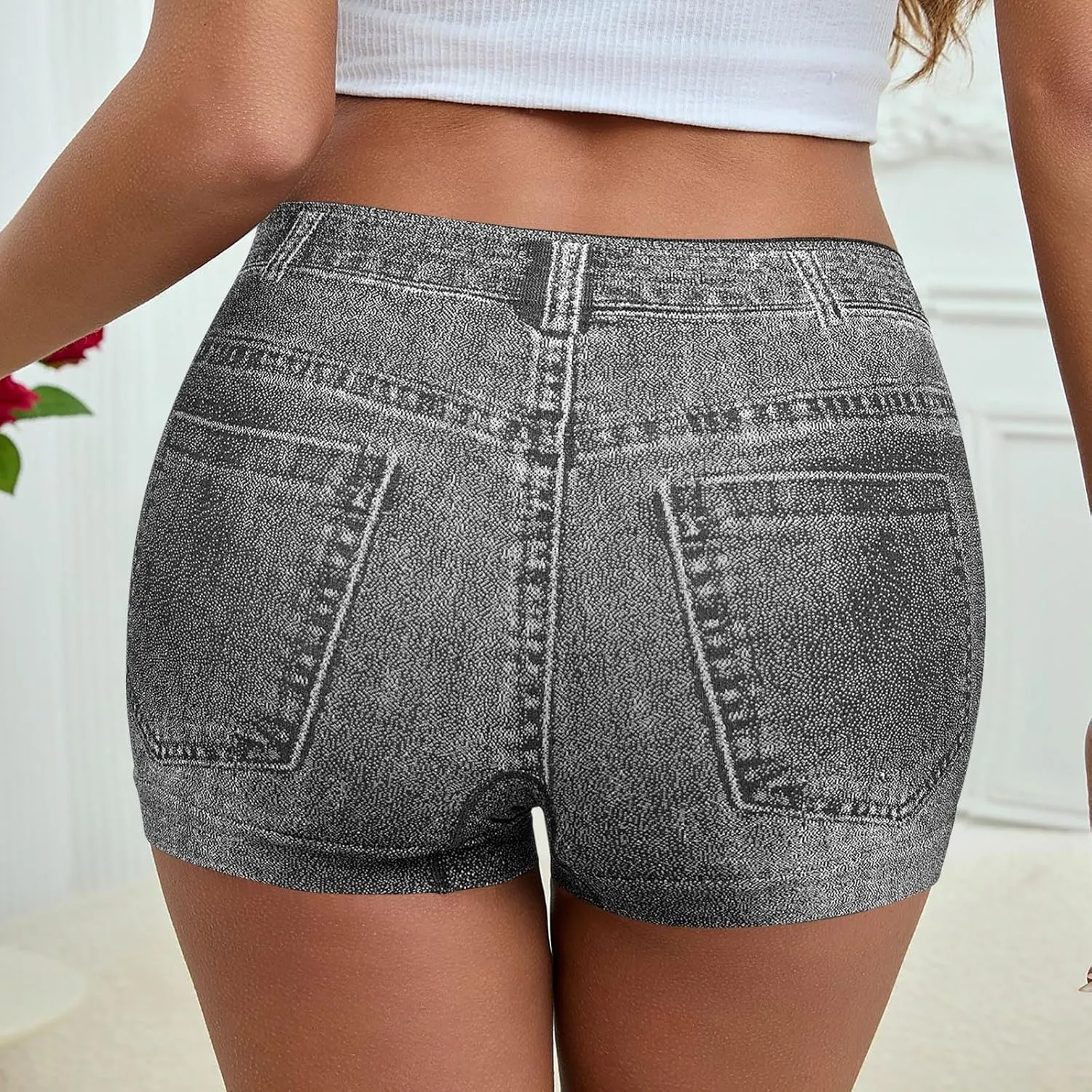 Faux Jeans Shorts for Women Summer Mid Rise Stretchy Denim Shorts Butt Lifting Slimming Ripped Shorts for Curvy Women