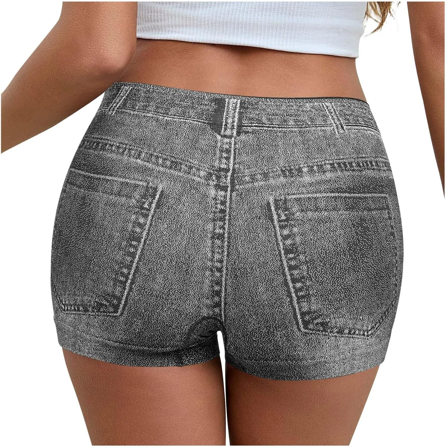 Faux Jeans Shorts for Women Summer Mid Rise Stretchy Denim Shorts Butt Lifting Slimming Ripped Shorts for Curvy Women