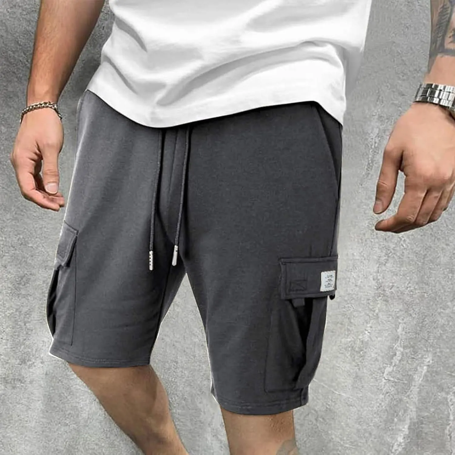 Finelylove Cargo Shorts for Men Casual Summer Sweat Shorts Elastic Waist Drawstring Workout Athletic Gym Shorts with Pockets