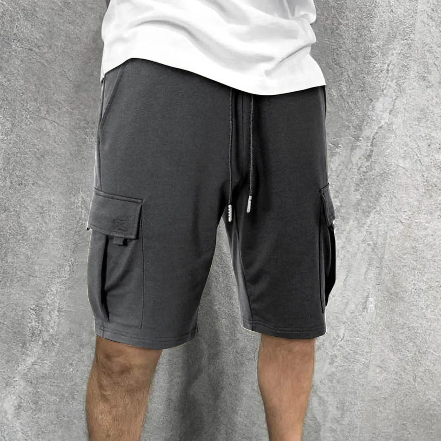 Finelylove Cargo Shorts for Men Casual Summer Sweat Shorts Elastic Waist Drawstring Workout Athletic Gym Shorts with Pockets