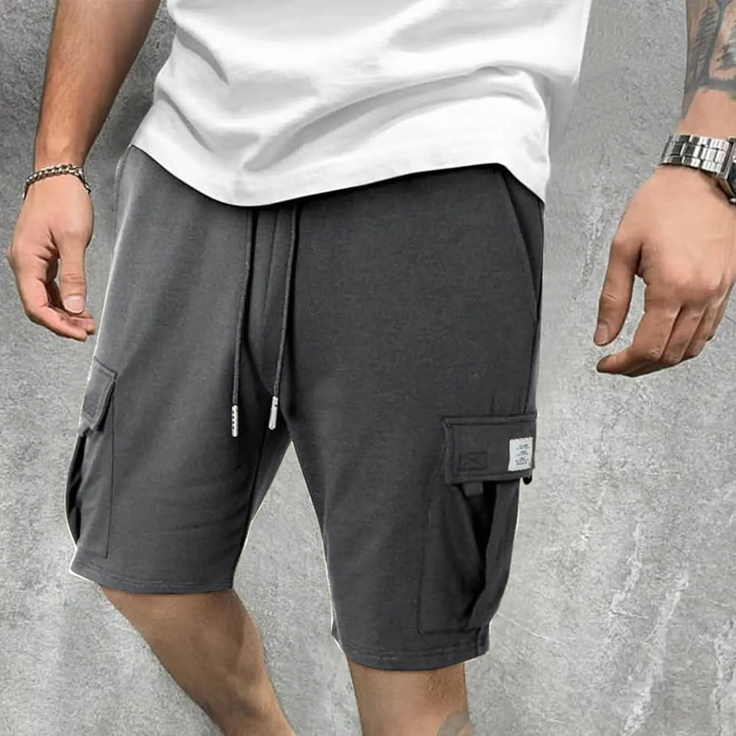 Finelylove Cargo Shorts for Men Casual Summer Sweat Shorts Elastic Waist Drawstring Workout Athletic Gym Shorts with Pockets