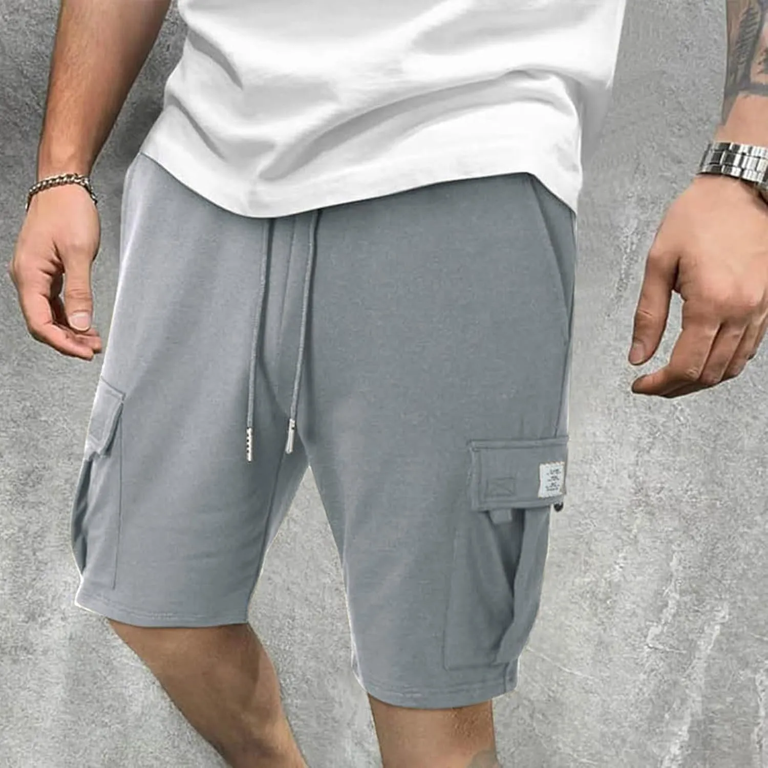 Finelylove Cargo Shorts for Men Casual Summer Sweat Shorts Elastic Waist Drawstring Workout Athletic Gym Shorts with Pockets