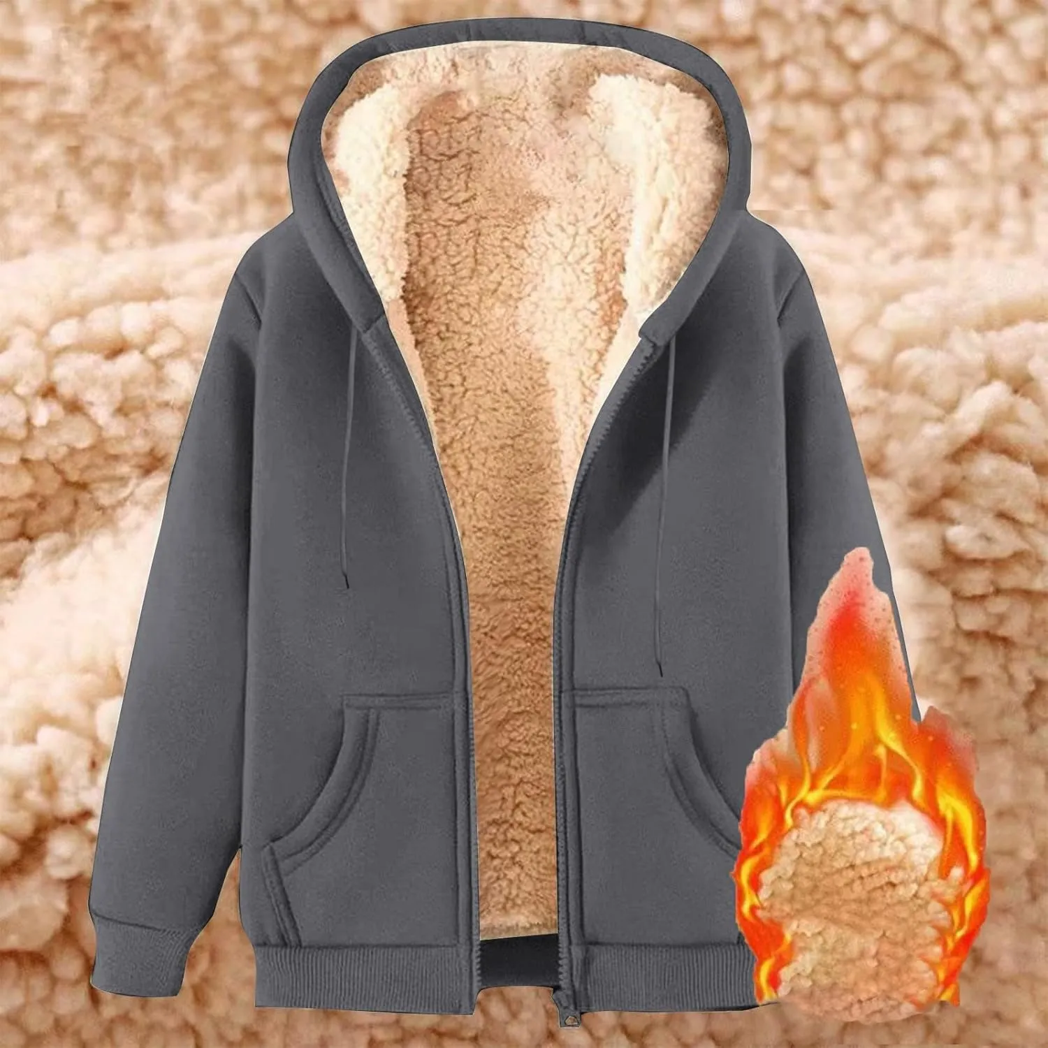 Finelylove Mens Fleece Lined Jackets Winter Coat Casual Zip Up Hoodies Fall Winter Sherpa Cardigan Sweater Sweatshirt