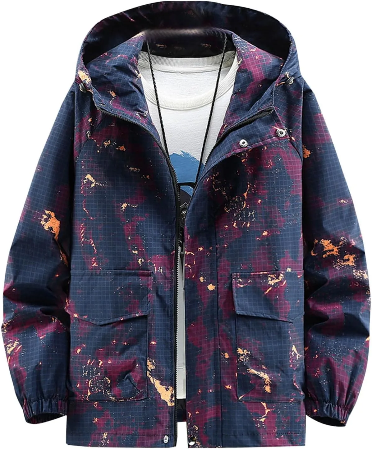 Finelylove Mens Lightweight Camo Jacket Zip Up Spring Fall Casual Hooded Jackets Water Resistant Windbreaker Outwear
