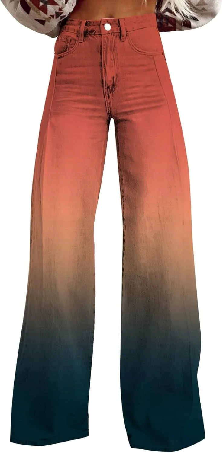 Flare Jeans for Women Wide Leg Jeans Woman Vintage Floral Print High Waisted Straight Stretch Pants with Pockets