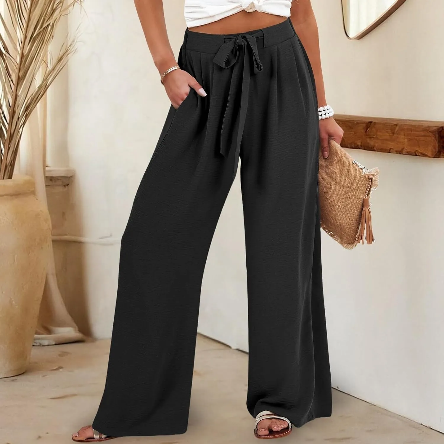 Flowy Linen Pants Women Wide Leg Tie Knot Palazzo Pants Loose Beach Pants High Waisted Trousers with Pockets
