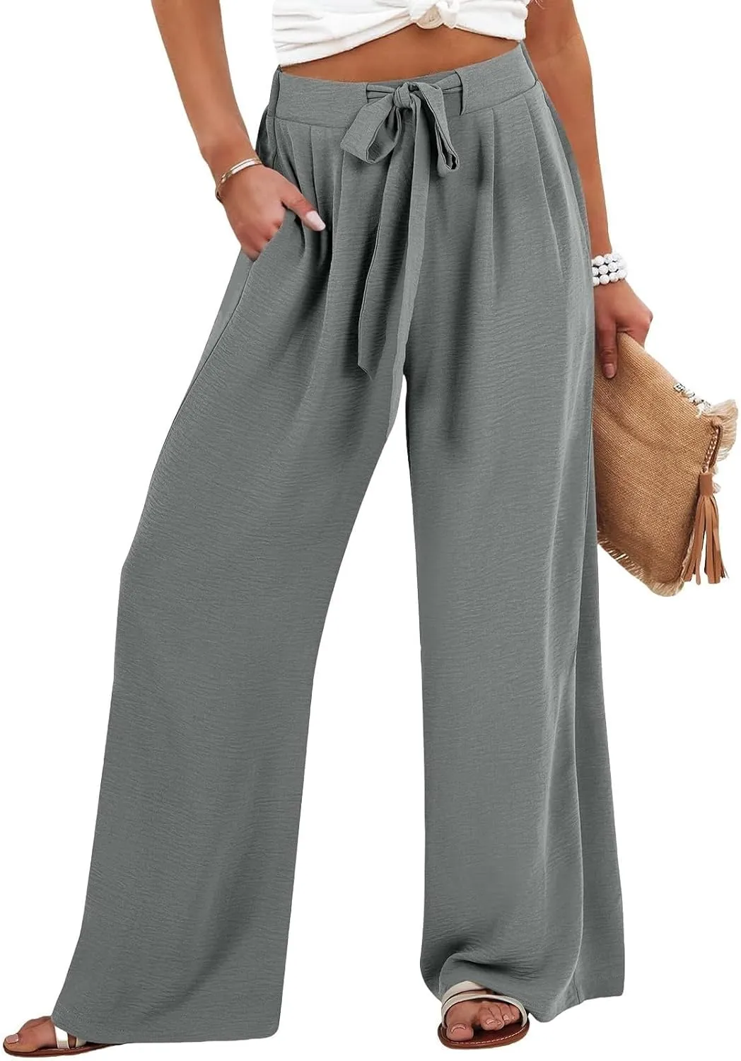 Flowy Linen Pants Women Wide Leg Tie Knot Palazzo Pants Loose Beach Pants High Waisted Trousers with Pockets