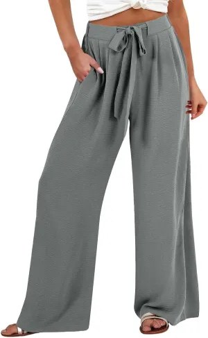 Flowy Linen Pants Women Wide Leg Tie Knot Palazzo Pants Loose Beach Pants High Waisted Trousers with Pockets