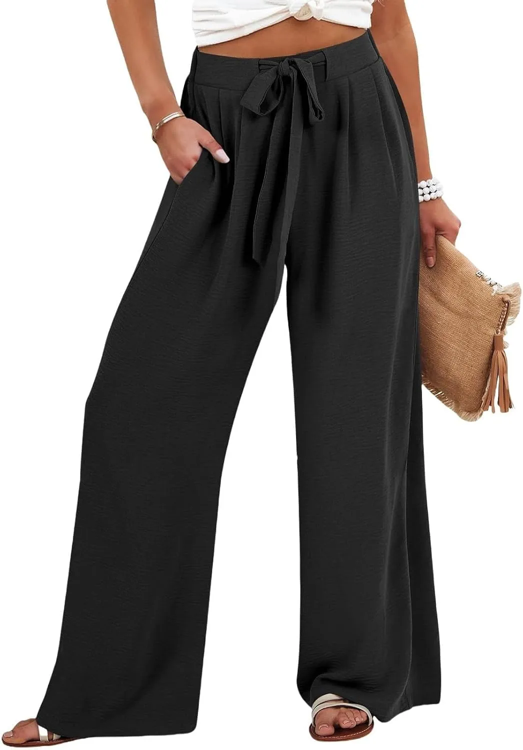 Flowy Linen Pants Women Wide Leg Tie Knot Palazzo Pants Loose Beach Pants High Waisted Trousers with Pockets