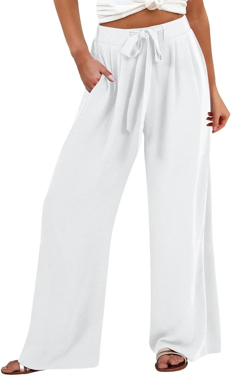 Flowy Linen Pants Women Wide Leg Tie Knot Palazzo Pants Loose Beach Pants High Waisted Trousers with Pockets