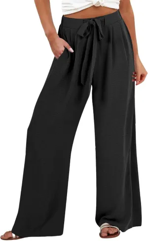 Flowy Linen Pants Women Wide Leg Tie Knot Palazzo Pants Loose Beach Pants High Waisted Trousers with Pockets